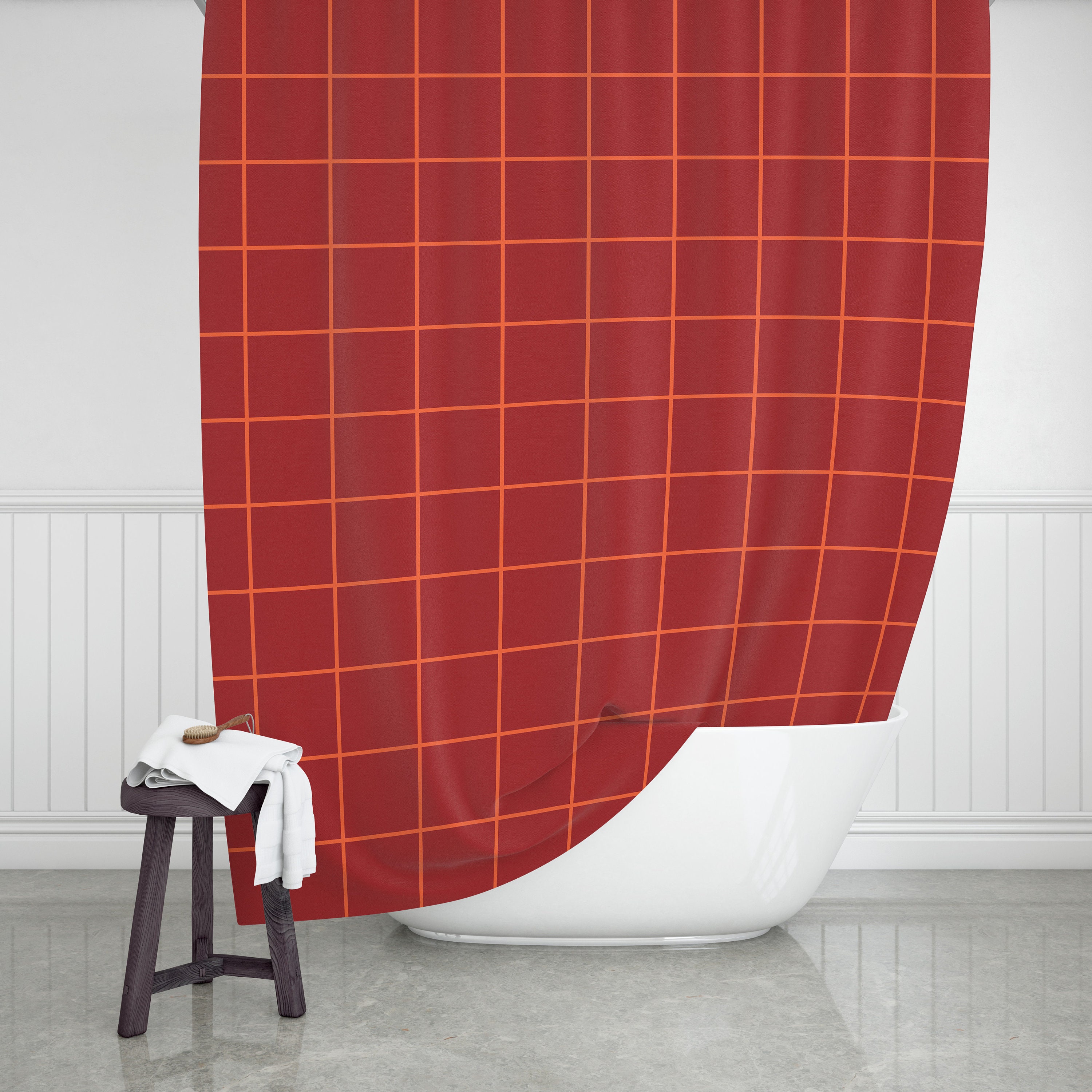 Rust Red Burnt Orange Grid Shower Curtain Red Orange Shower Etsy