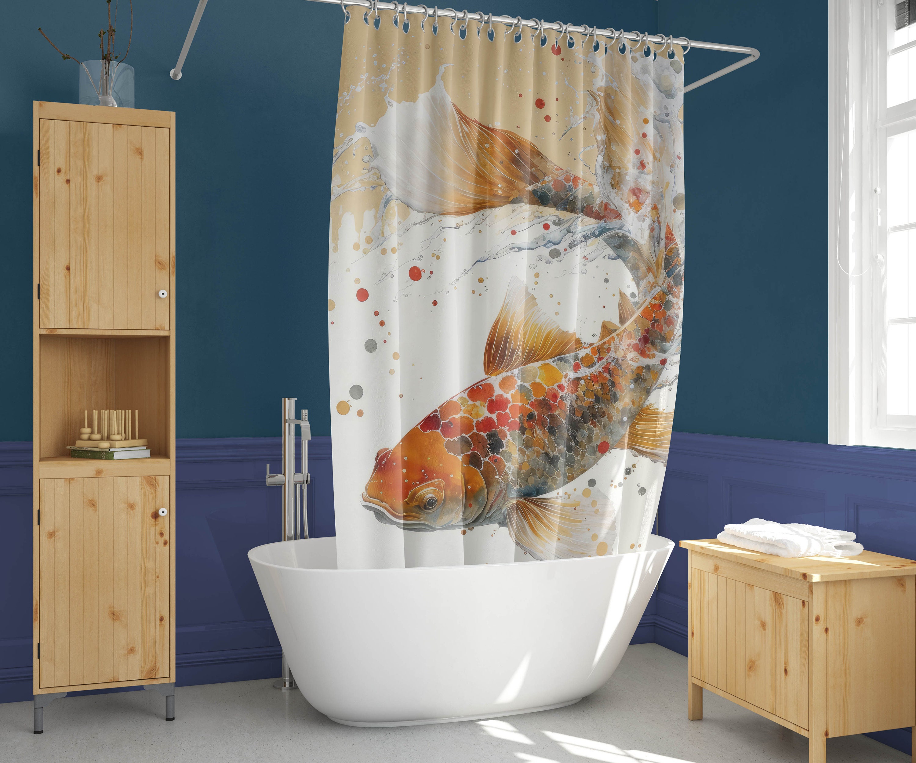Boho Shower Curtain Koi Fish Shower Curtain Japanese Prints Etsy
