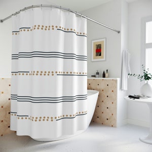 Mudcloth print boho shower curtain, Navy stripes and beige dots minimalist bohemian shower curtain