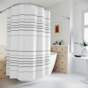 Mudcloth print boho shower curtain, Gray stripes and gray dots minimalist bohemian shower curtain