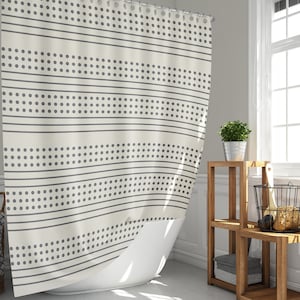 Mudcloth print boho shower curtain, Latte cream base and grey stripes dots  African minimalist bohemian shower curtain, 71'' x 74'' long