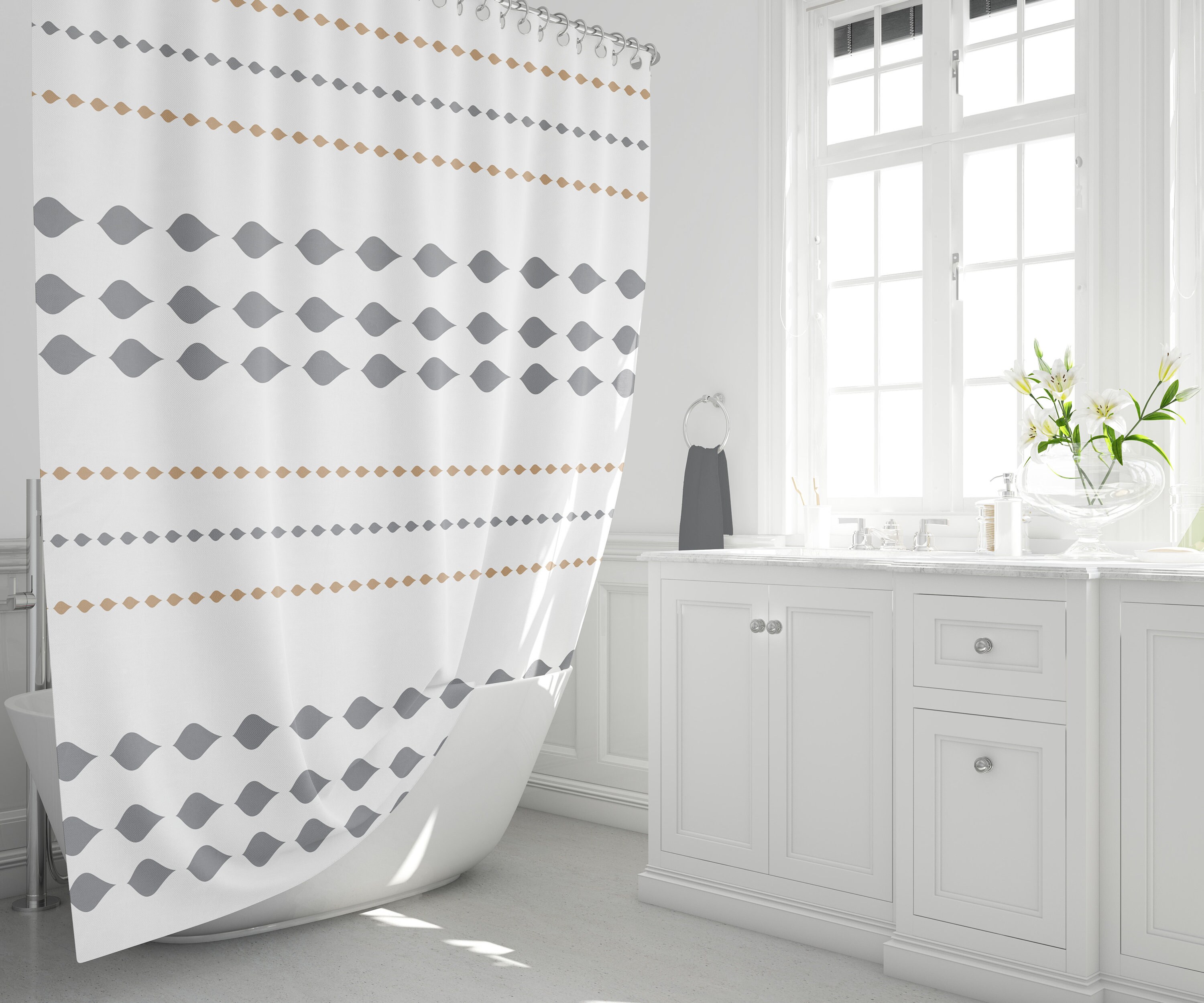 White print boho shower curtain Gray leaves and beige leaves Etsy