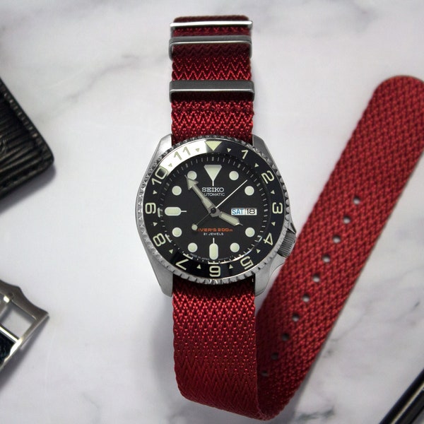 Ferrari Red Herringbone Watch Strap, Red, Tudor Style Buckle (20mm & 22mm)