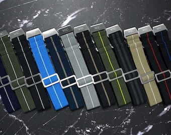 Französische Marine Nationale-Kollektion – Grau, Blau, Rot, Grün, Gelb, Schwarz, Weiß, elastische Uhrenarmbänder (20 mm und 22 mm)