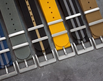 Collection nylon côtelé - Bracelets montre une pièce jaune, gris, bleu marine, marron, noir, kaki, vert, bleu (20 mm et 22 mm)