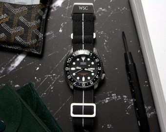 French Marine Nationale &#39;Stealth Black&#39; Parachute Elastic Watch Strap, Black White (20mm & 22mm)