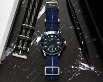 French Marine Nationale &#39;Navy Blue&#39; Parachute Elastic Watch Strap, Blue White (20mm & 22mm)