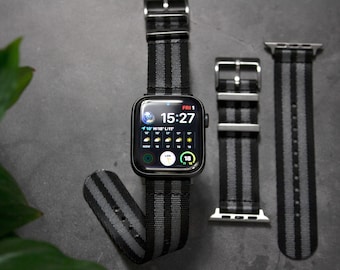 Bond Spectre Dark, bracelet Apple Watch, noir gris (séries 1, 2, 3, 4, 5, 6, 7, 8, SE, SE 2 38/40/41 mm 42/44/45 mm)