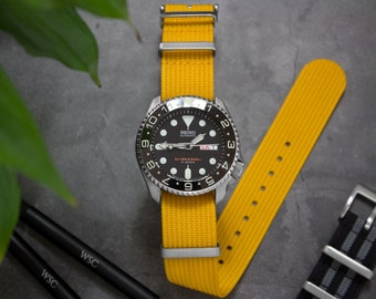 Bracelet de montre en nylon côtelé jaune moutarde, jaune (20 mm et 22 mm)