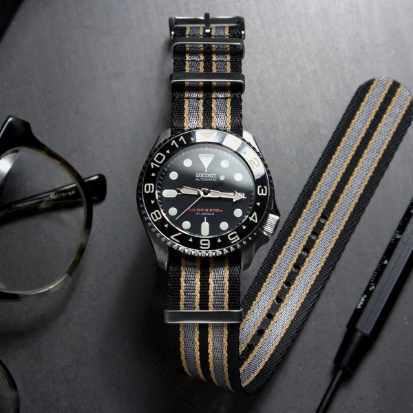 Premium Bond No Time To Die veiligheidsgordel horlogeband, zwartgrijs kaki (20 mm en 22 mm)