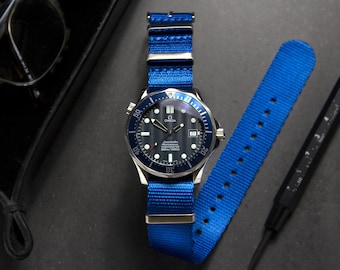 Premium Crystal Blue Seatbelt Watch Strap, Blue (20mm 22mm