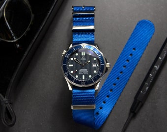 Premium Crystal Blue Seatbelt One-Piece Watch Strap, Blue (20mm & 22mm)