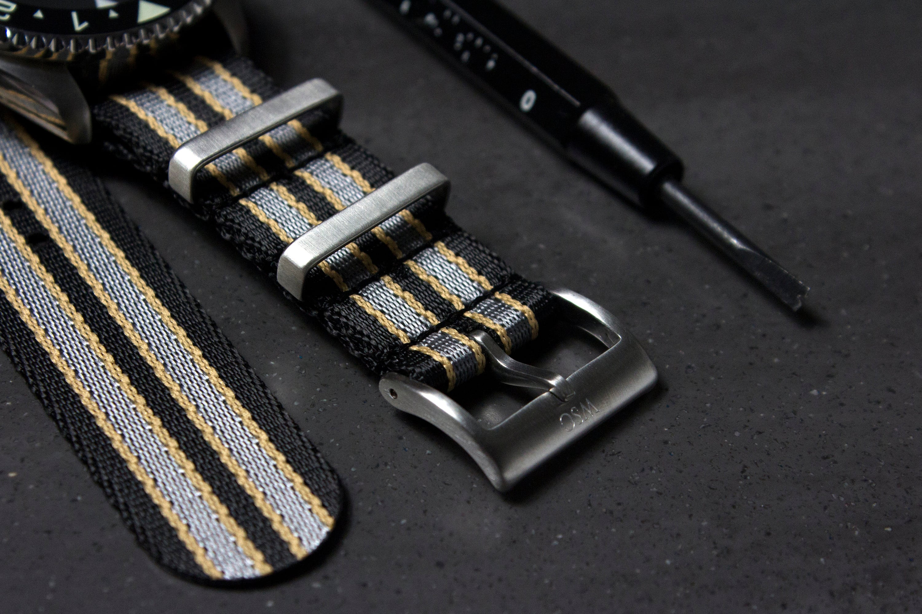 Premium Bond No Time to Die Seatbelt Watch Strap, Black Grey Khaki
