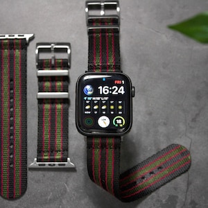 Bond Goldfinger, cinturino per Apple Watch, nero, verde e rosso (serie 1, 2, 3, 4, 5, 6, 7, 8, SE, SE 2 38/40/41 mm 42/44/45 mm)