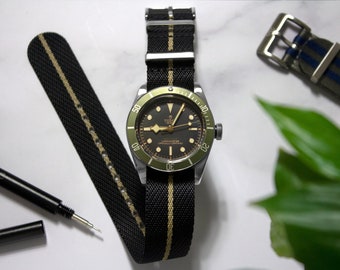 Khaki Tudor Twill One-Piece, Single Pass Watch Strap, Khaki Black (20mm & 22mm)
