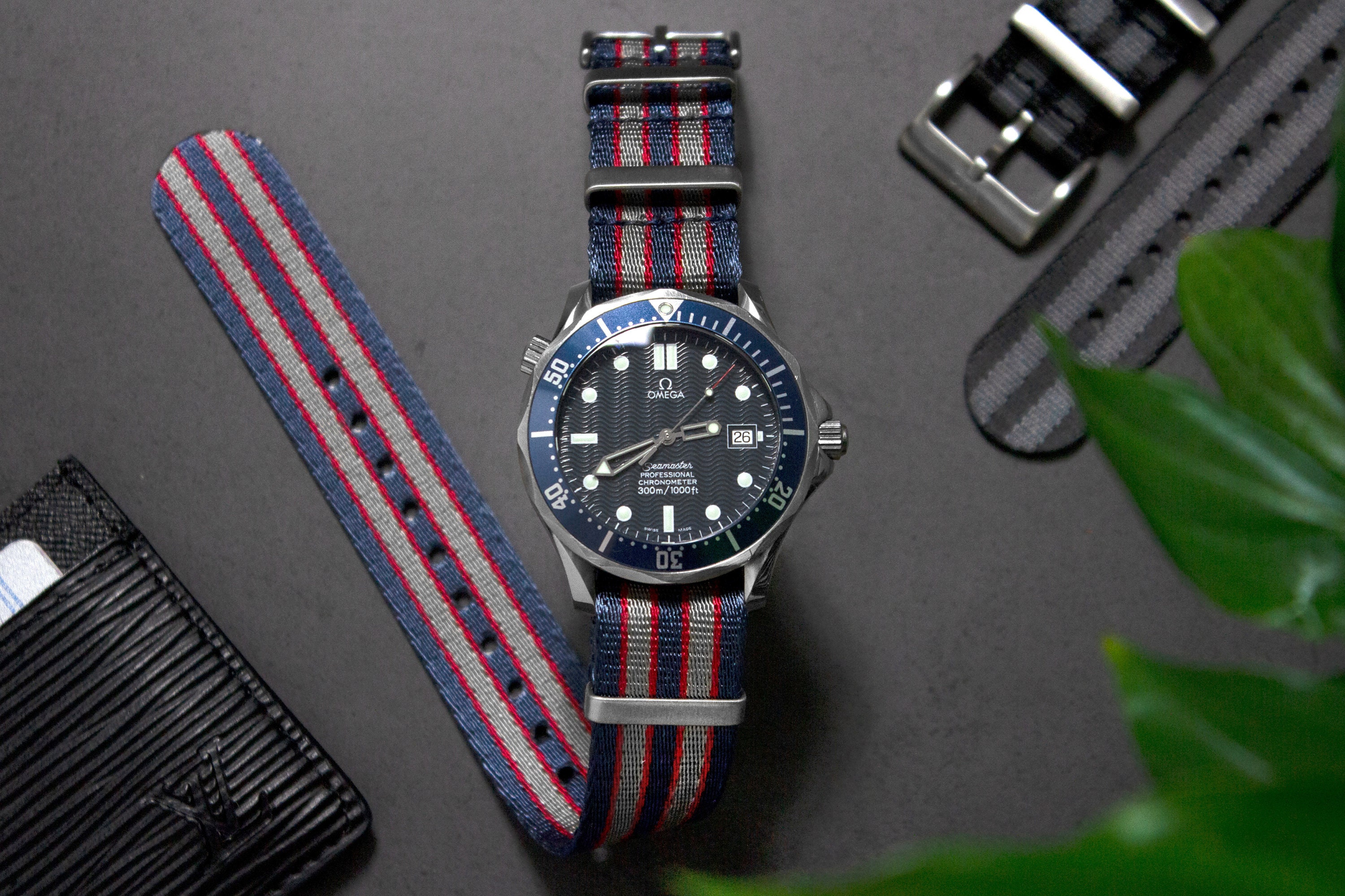 Premium Bond Commander Seatbelt Watch Strap, Blue Grey Red
