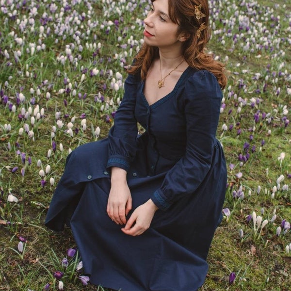 Navy blue linen dress with lace in cottagecore vintage style