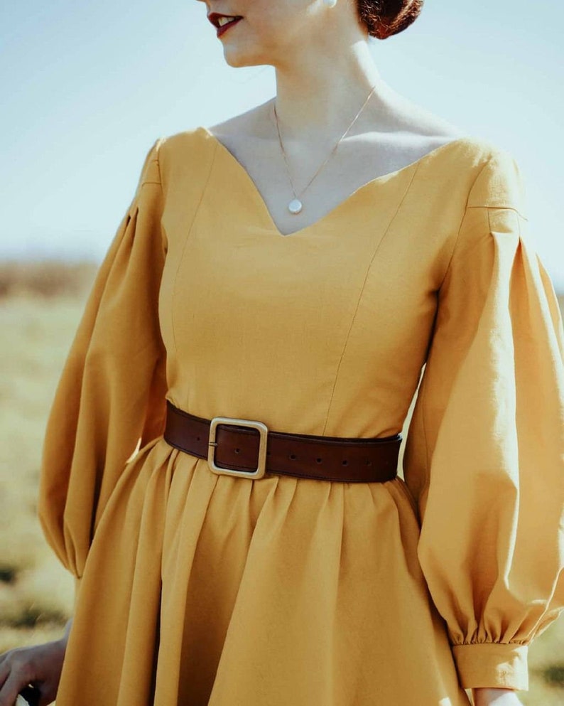 Yellow Mustard Linen Dress With Puff Sleeves and Full Circle Etsy