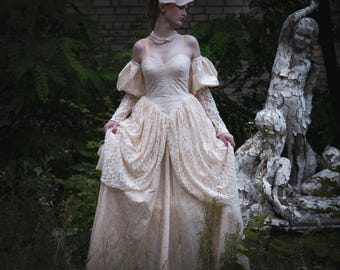 Vestido de novia romántico estilo cottagecore, vestido de encaje estilo Regencia, vestido bordado inspirado en Bridgerton, vestido de baile inspirado en la época victoriana de Jane Austen.