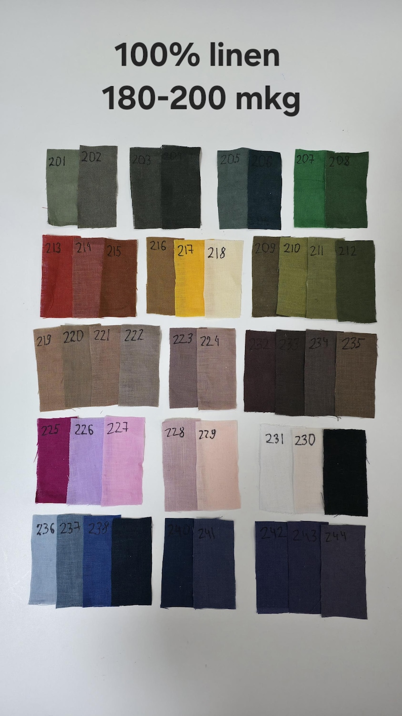 May include: A colour chart of 100% linen fabric swatches in various shades of green, brown, yellow, beige, grey, pink, red, blue, and black. The swatches are labelled with numbers from 201 to 244. The text "100% linen 180-200 mkg" is at the top of the chart.
