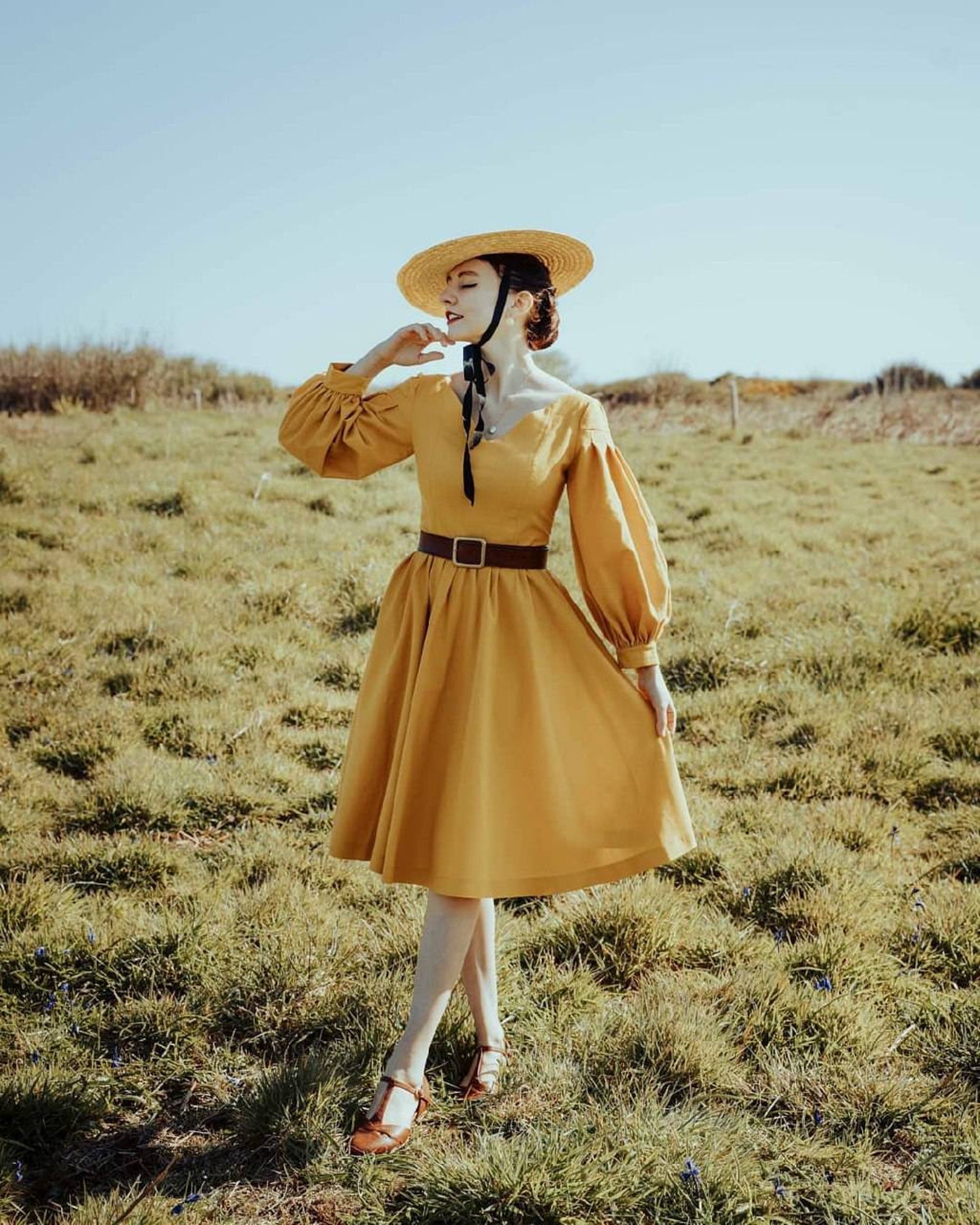 Yellow Mustard Linen Dress With Puff Sleeves and Full Circle Etsy