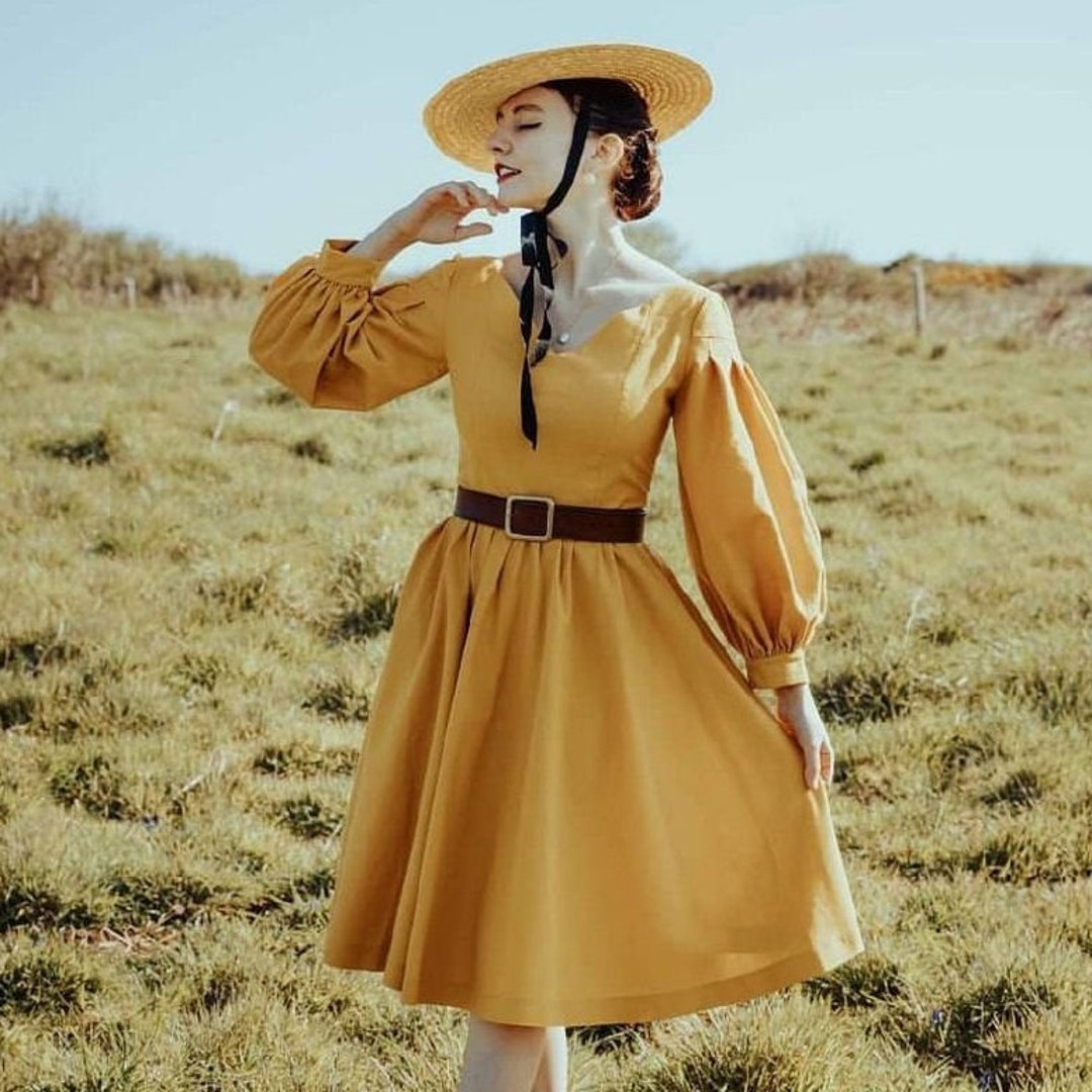 Yellow Mustard Linen Dress With Puff Sleeves and Full Circle Skirt in ...
