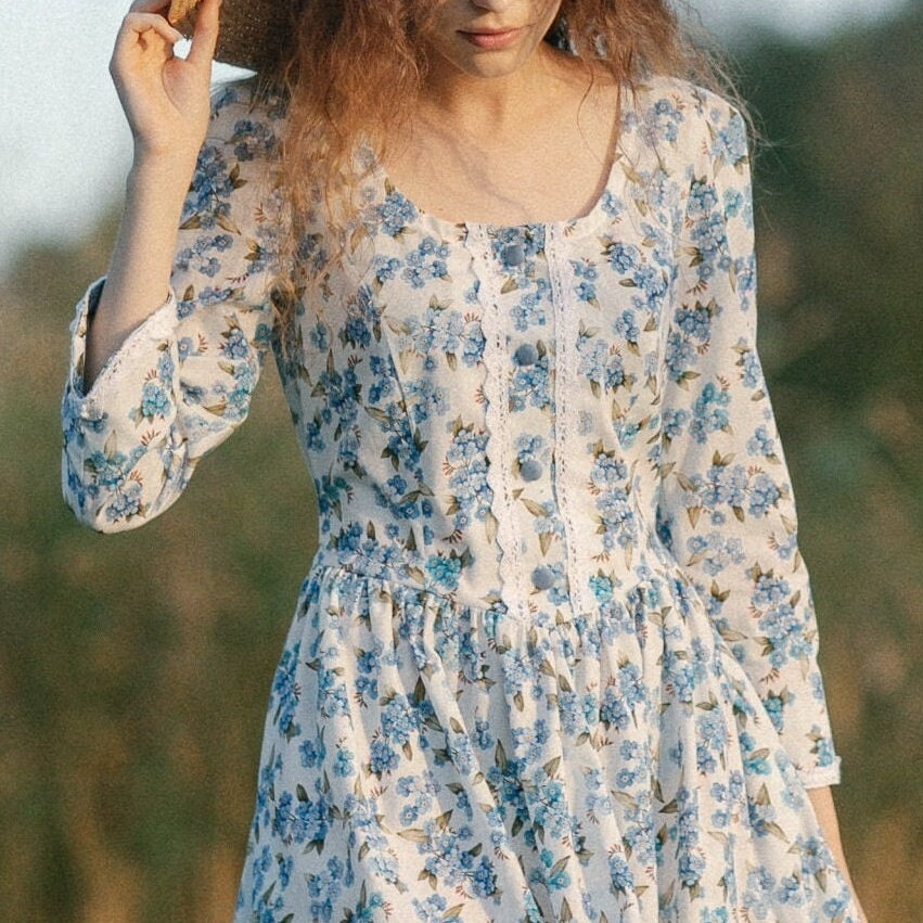 fitted lace wedding dress Romantic Elia Floral Blue Print Midi Sundress For Spring Outing Date - Blue - S main image 0