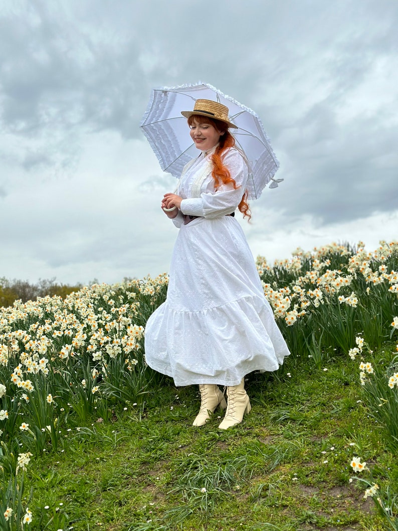 1900s Edwardian Dress, 1910s Dresses and Gowns     Edwardian tea day dress from eyelet cotton with embroidery and linen lace gibson girl 1900s suffragette summer cottagecore white dress  AT vintagedancer.com