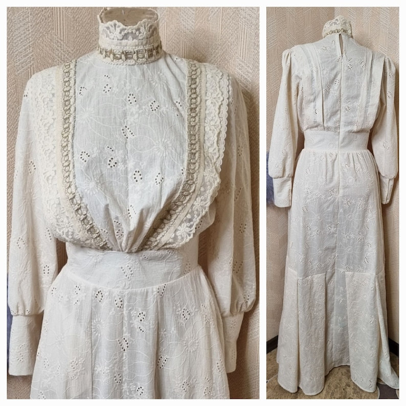 1900s Edwardian Dress, 1910s Dresses and Gowns     Brides of Dracula edwardian tea dress ivory cream eyelet cotton with lace ruffles shell buttons  Lady suffragette gibson girl 1900s gown  AT vintagedancer.com