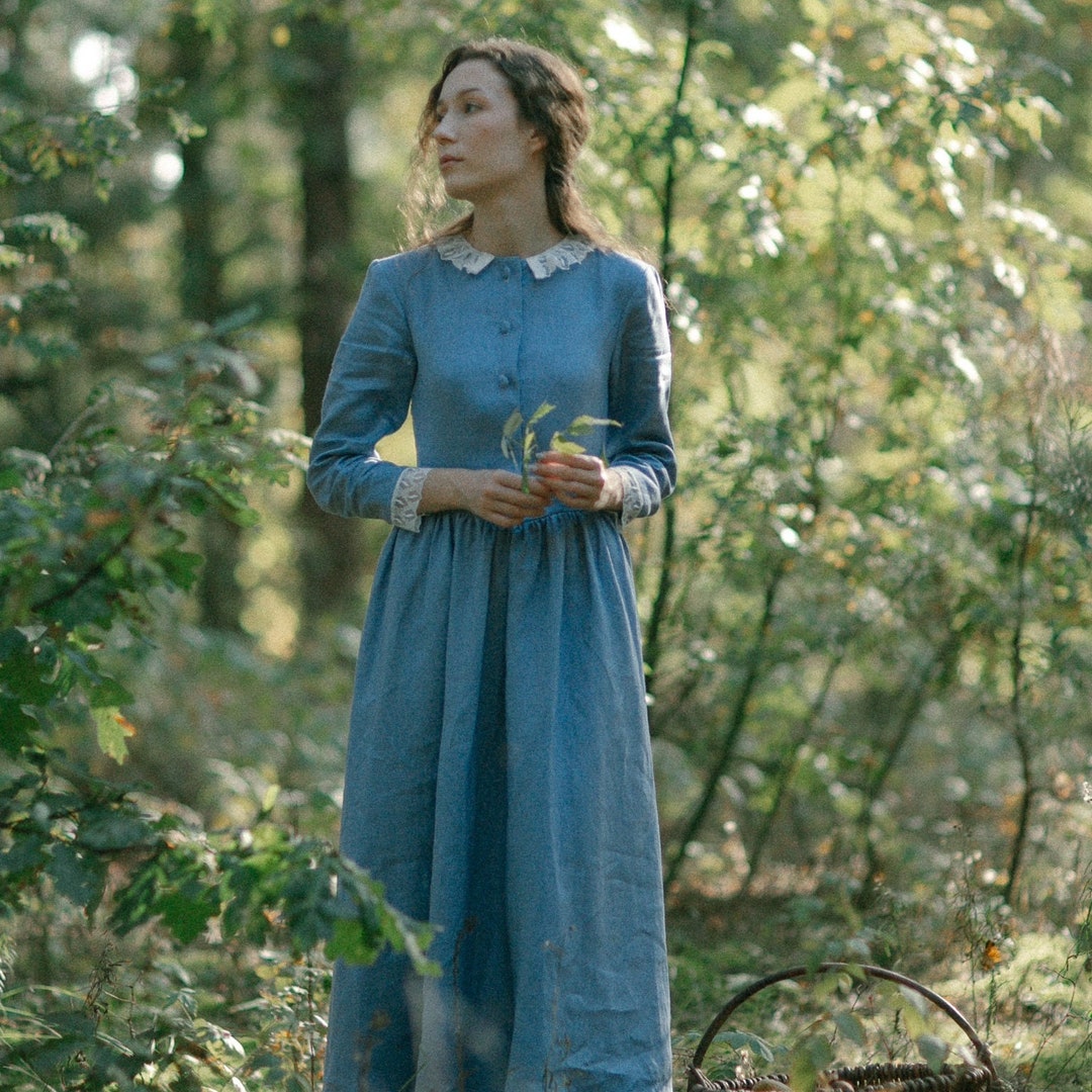 Sky Baby Blue Linen Dress With Lace Etsy