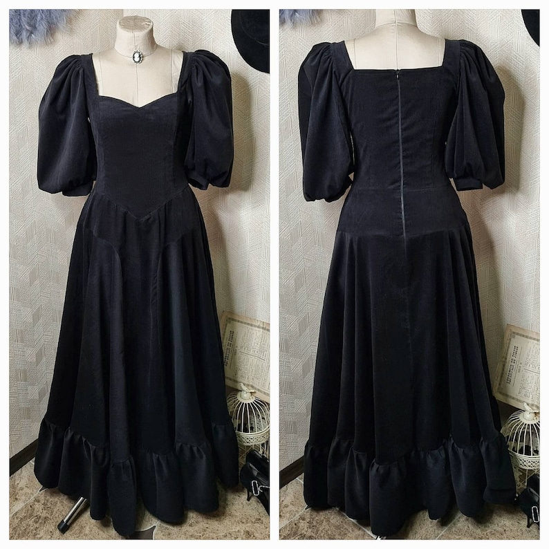 Edwardian Evening Dress History | Ballgowns, Dinner Dress     Bella trix le strange black velvet corduroy dress with puff sleeves and edwardian walking skirt  AT vintagedancer.com