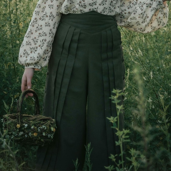 Edwardian Linen Skirt Trousers: Pleated Khaki Culottes