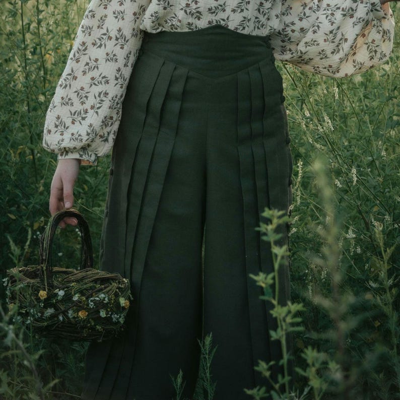 Edwardian Linen Skirt Trousers: Pleated Khaki Culottes image 1