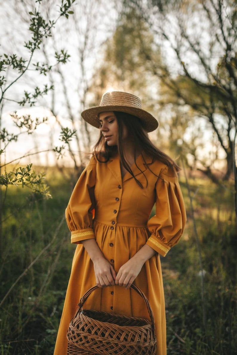 Yellow mustard Anne linen dress with puff sleeves and organic lace, midi in prarie cottagecore aesthetic peasant living style 