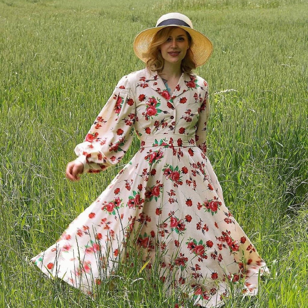 Acotar Floral Linen Dress With Puff Sleeves and Twirl Skirt - Etsy