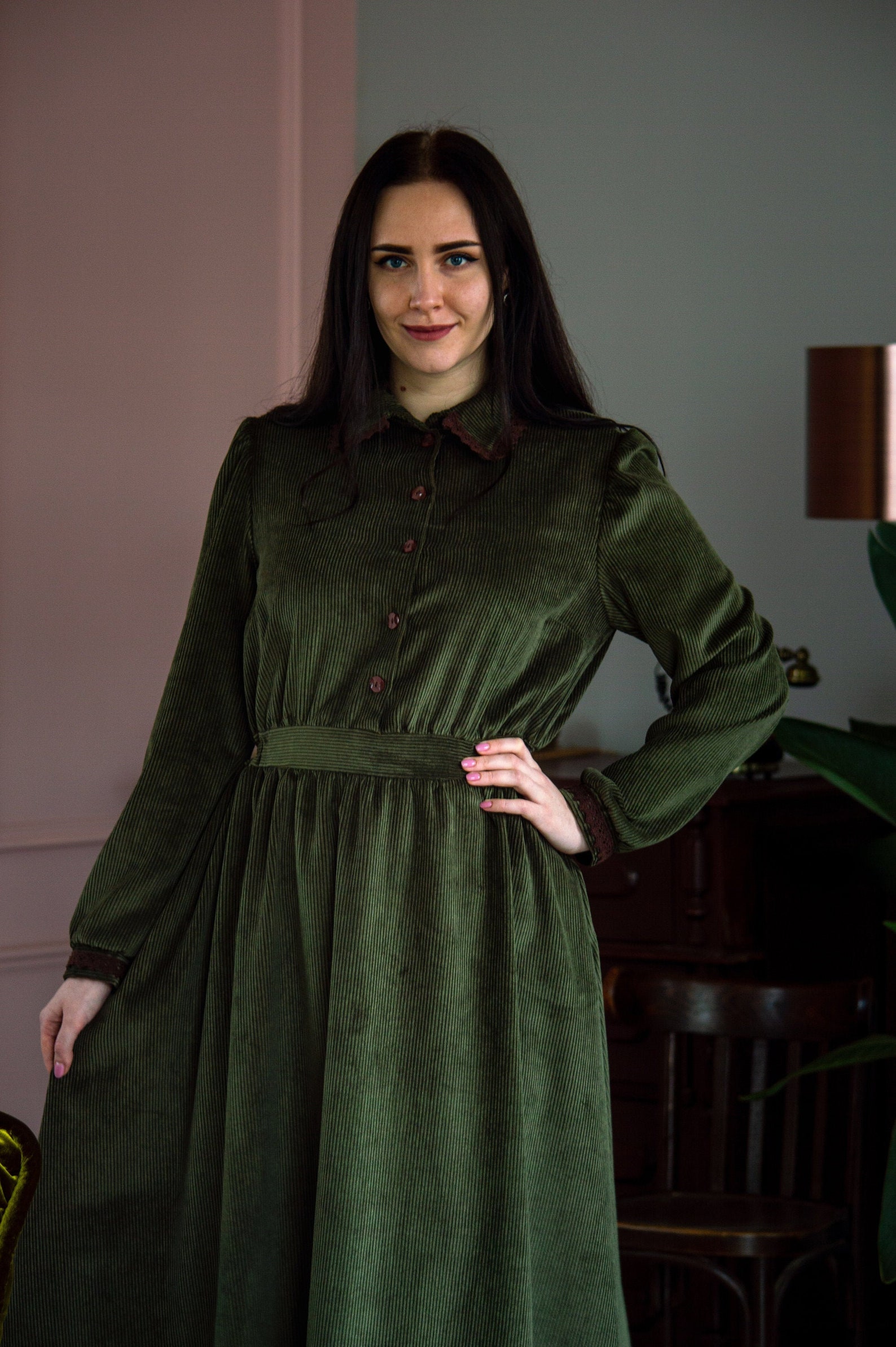 Flower Printed Corduroy Women Vintage Dress Spring Autumn Corduroy Long Sleeved Dresses Ladies 