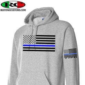 CUSTOM | Thin Blue Line, American Flag hoodie  Gifts, Serve & Protect, Abbr Your Town Police on sleeve