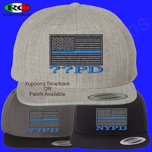 Custom Blue Line American Flag Embroidered Snapback or FlexFit Hat, NYPD , Your town POLICE DEPARTMENT, Gifts, Snapback, Flexfit,