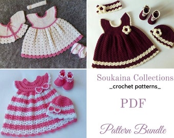 Crochet Bundle Baby Dress SET, Crochet Baby Dress Pattern, Crochet baby clothes, Baby dress pattern, crochet dress Baby Girl, 0-3m/3-6m/6-12