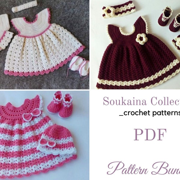Crochet Bundle Baby Dress SET, Crochet Baby Dress Pattern, Crochet baby clothes, Baby dress pattern, crochet dress Baby Girl, 0-3m/3-6m/6-12