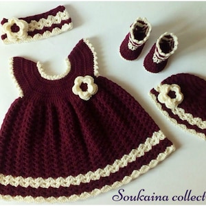 Crochet Baby Dress SET, Crochet Baby Dress Pattern, Crochet baby clothes, Crochet Dress, Baby Gift, Baby Girl dress with Headband, hat, 0-3m image 1