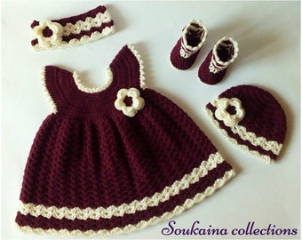 Crochet Baby Dress SET, Crochet Baby Dress Pattern, Crochet baby clothes, Crochet Dress, Baby Gift, Baby Girl dress with Headband, hat, 0-3m