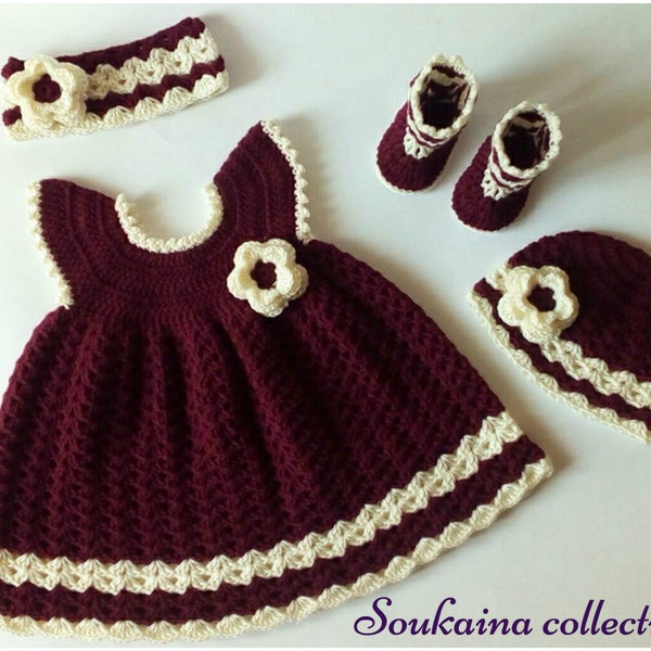 Ensemble de robe pour bébé au crochet, modèle de robe pour bébé au crochet, vêtements pour bébé au crochet, robe au crochet, cadeau pour bébé, robe pour bébé fille avec bandeau, chapeau, 0-3 m