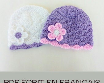 Crochet Bonnet pour bébé, Bonnet fleuris au crochet, crochet bonnet taille  0-12m, Modèle De Crochet PDF Ecrit En Français