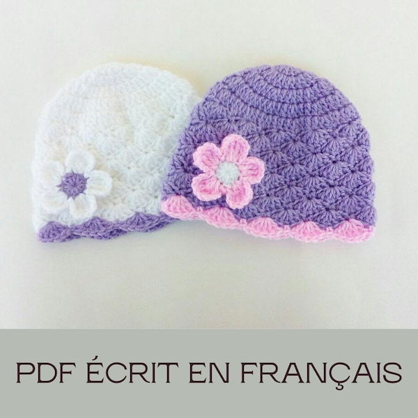 Crochet Bonnet pour bébé, Bonnet fleuris au crochet, crochet bonnet taille  0-12m, Modèle De Crochet PDF Ecrit En Français