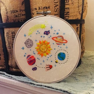 Handmade Sun, Planets, Moon & Meteors Embroidery Hoop