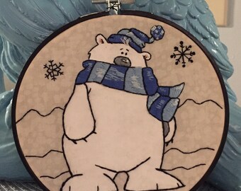 Handmade Winter Polar Bear Embroidery Hoop.