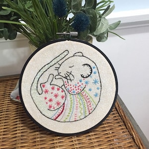 Handmade Curled Up Mouse Embroidery Hoop