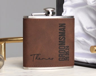 Groomsmen Best Man, Usher Gift, Personalised Hip flask Brown PU Leather 6oz Hip Flask Grooms Party Gifts