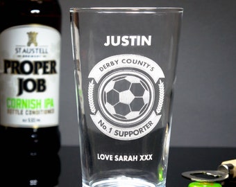 Personalised football Beer, Cider, Ale Glass, Great Birthday, Father's Day, Christmas Gift. Complete with gift Box